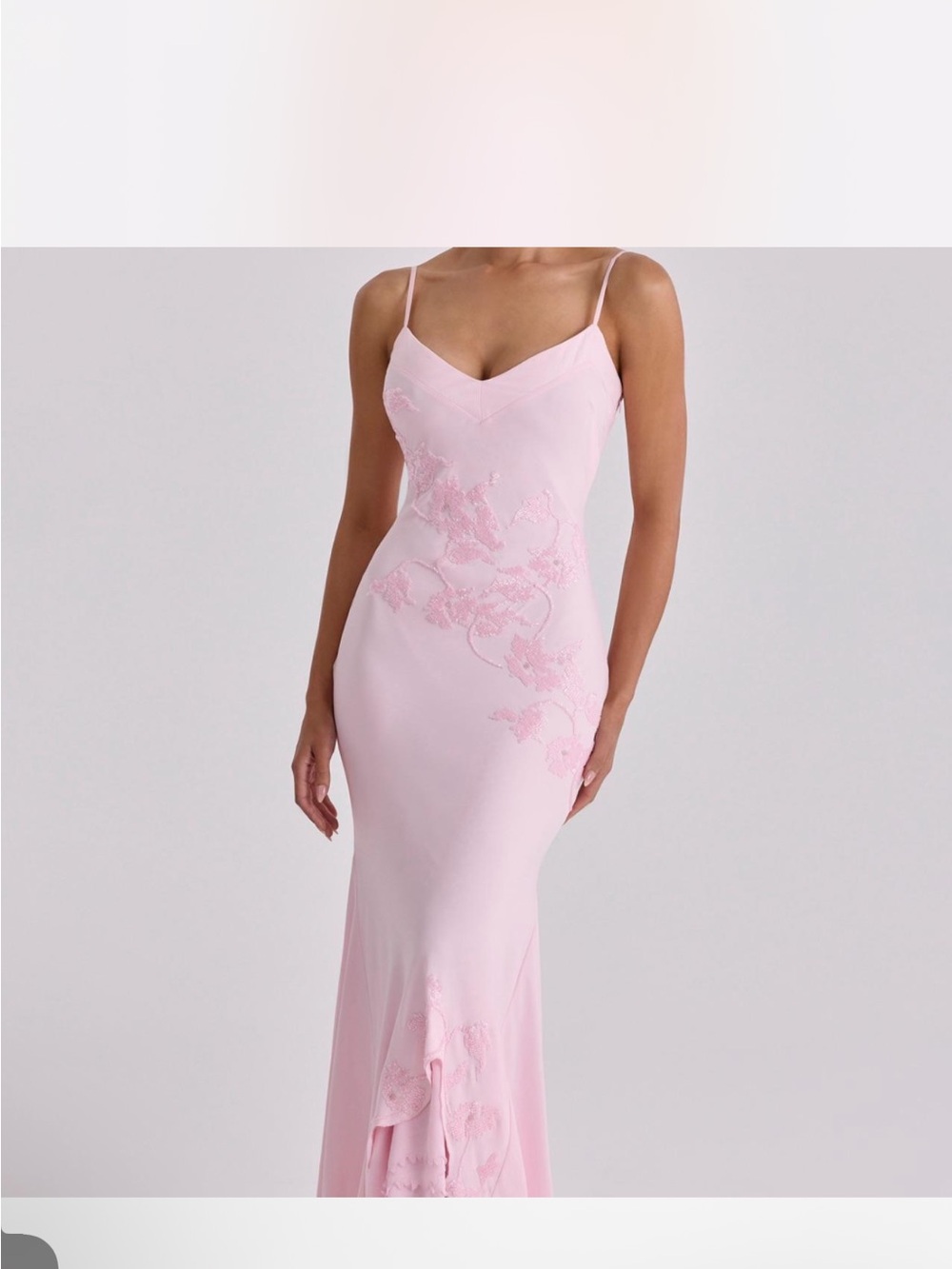 House of CB Pale Pink Strapless-Look Lace Appliqué Gown